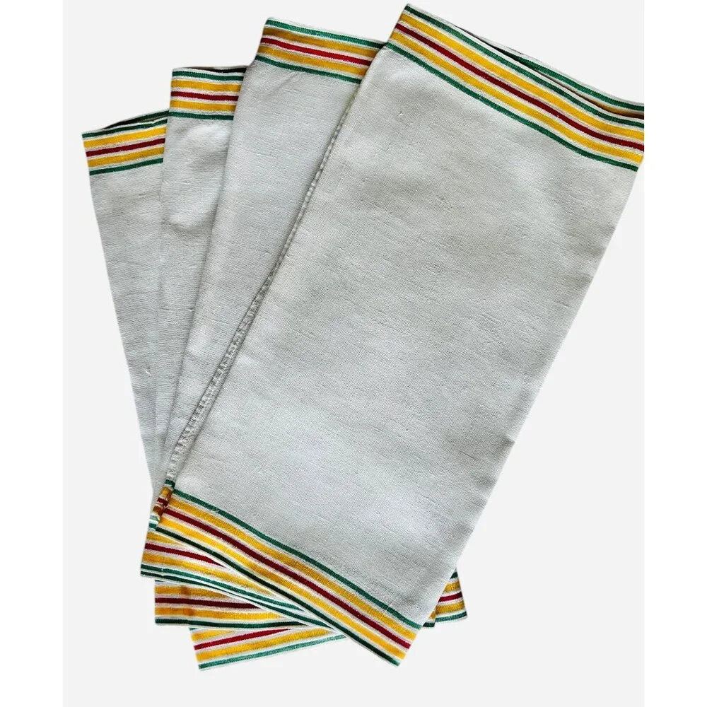 4 Vintage White Linen Cotton Dishtowels Yellow Red Green Stripes 33x17